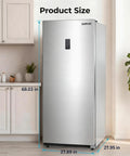 Solid 14 Cubic Foot Upright Freezer Featuring Adjustable Wire Shelves And Hassle Free Frost Cooling That Keeps Your Grocery Haul Frozen Solid Effortlessly For Garage Kitchen Or Basement Use, shown in kitchen with size dimensions.