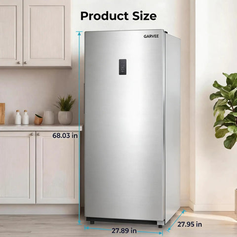 Solid 14 Cubic Foot Upright Freezer Featuring Adjustable Wire Shelves And Hassle Free Frost Cooling That Keeps Your Grocery Haul Frozen Solid Effortlessly For Garage Kitchen Or Basement Use, shown in kitchen with size dimensions.