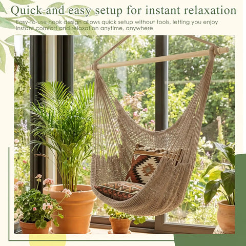 Two Piece Hanging Hammock Chair Set Boho Swing For Indoor Outdoor Chill Vibe Ultra Soft Cotton Rope Weaving Includes 40 Inch Detachable Metal Bars Solid 270lb Capacity Brown in a cozy indoor setting.