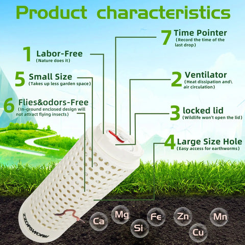 Underground Worm Compost Bin For Raised Garden Beds With Date Tracker And Removable Bottom, showing features and benefits.
