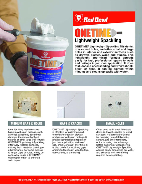 OneTime Lightweight Spackle for wall repair, shown in use, filling holes; ideal for drywall, plaster, wood, and stucco, Made in USA.