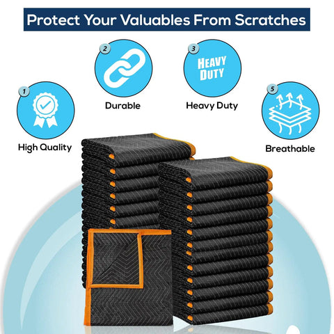 Heavy Duty Padded Moving Blankets 72 By 40 Inches, 12 Pack For Safe Furniture Moving, Packing Blankets displayed in stacks