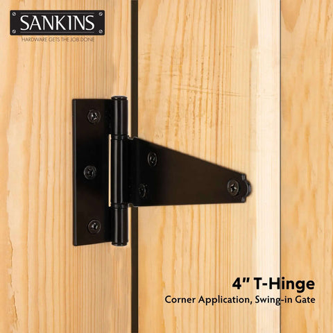 Heavy Duty 4 Inch T Strap Shed Door Hinges Black Powder Coated Outdoor Gate Hinges for Wooden Fences Corner Application