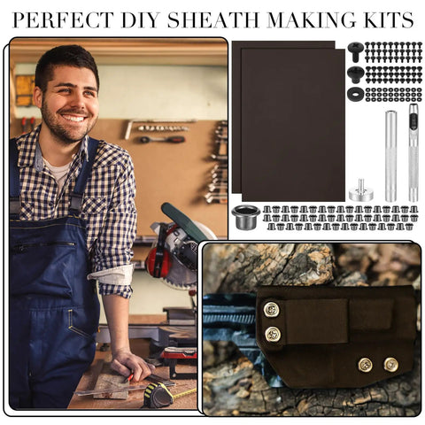 145 Piece DIY Holster Kit With Eyelet Hand Setter And Eyelet Combo displayed in a workshop setting with tools.