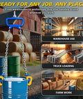 Heavy Duty Chain Drum Lifter Handles 2200 Lbs Vertical Barrel Clamp with secure spring lock hooks, shown lifting a blue barrel.
