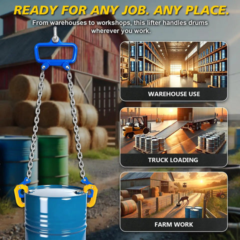 Heavy Duty Chain Drum Lifter Handles 2200 Lbs Vertical Barrel Clamp with secure spring lock hooks, shown lifting a blue barrel.
