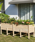 Side view of 7x2 Ft Raised Garden Bed With 16 Inch Depth And Legs, Drainage Holes, filled with flowers, on a patio