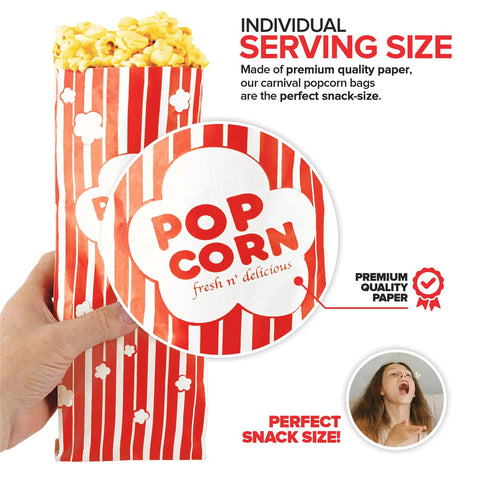 Hand holding Large 2 Oz Red And White Paper Popcorn Bags Bulk 100 Pack Disposable Grease Resistant Bags for snacks