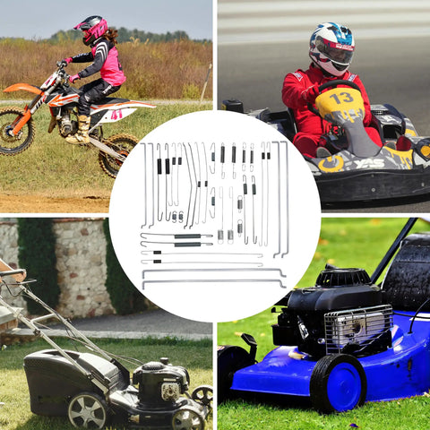 Throttle Return Springs Kit Six Piece For Small Engines And Lawn Equipment Including Governor Springs Anti Surge Idle Springs And Throttle Rods For Honda Briggs And Stratton Cub Cadet Troy Bilt MTD Go Kart Mini Bike Replacement shown with motorcycle, go-kart, and lawnmower.