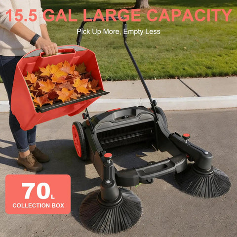 42 Inch Walk Behind Floor Sweeper With 15 Gallon Hopper For Industrial Use. Heavy Duty Hand Push Broom Cleaner For Warehouses Garages And Barns. No Power Needed Manual Sweeping Solution For Large Debris And Dust Cleanup.