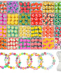Colorful Fruit Polymer Clay Beads Bracelet Making Kit With Lemon Strawberry Avocado Watermelon Designs For DIY Jewelry Crafting Necklace And Bracelet Making Supplies, shown with divided storage box and string materials.
