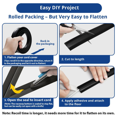Instructional steps for installing 4 Foot Floor Cord Cover Black For Single Cable Hiding And Cable Management Cord Hider.