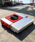 Heavy Duty Electric Transfer Cart Featuring Precision Remote Steering And 360 Degree Swivel Turntable with red and silver chassis in warehouse.