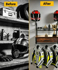 Before and after of garage with Heavy Duty Wall Mounted Helmet Rack With 4 Hanging Hooks, Drawer And Mesh Basket, helmets and jackets.