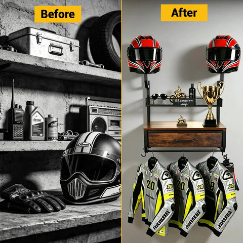 Before and after of garage with Heavy Duty Wall Mounted Helmet Rack With 4 Hanging Hooks, Drawer And Mesh Basket, helmets and jackets.