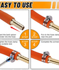 Step-by-step guide showing installation of Brass Hose Barb Fittings Kit With 26Pcs Barb Splicer Mender Fittings And 52Pcs Stainless Steel Hose Clamps