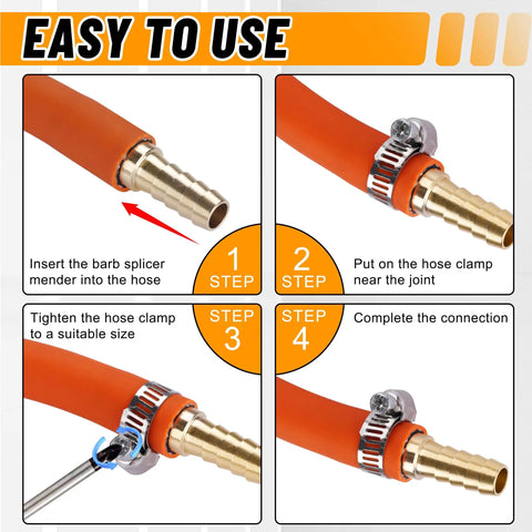 Step-by-step guide showing installation of Brass Hose Barb Fittings Kit With 26Pcs Barb Splicer Mender Fittings And 52Pcs Stainless Steel Hose Clamps