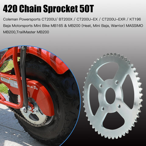 Beefy 420 Chain Sprocket For Mini Bikes And Go Karts, 50 Tooth, 40mm Bore beside mini bike rear wheel closeup
