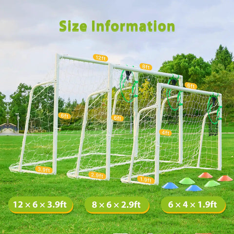 Heavy Duty Backyard Soccer Goals Kit 12x6, 8x6 And 6x4 Ft With 2 Inch Powder Coated Galvanized Steel Frame on grass field