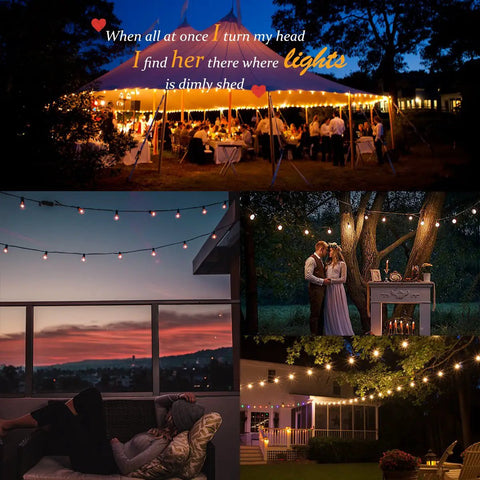 Evening outdoor scenes with 100 Ft Outdoor Globe String Lights With 110 G40 Bulbs, Weatherproof Lit Patio Party Lights.