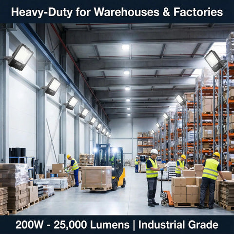 200W LED Flood Light Outdoor Ultra Bright 20000LM 6500K in warehouse setting