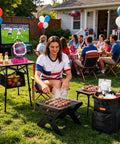 Backyard barbecue with Portable Camping Fan With LED Lantern And 20000mAh Battery Auto Oscillation Remote Timer in pink on table.