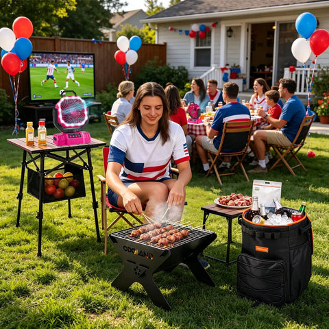 Backyard barbecue with Portable Camping Fan With LED Lantern And 20000mAh Battery Auto Oscillation Remote Timer in pink on table.