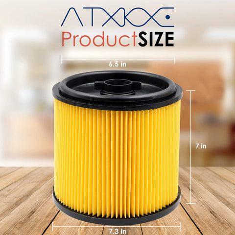 Replacement Vacuum Filter For VacMaster 5 To 16 Gallon Standard Cartridge Filter And Retainer, 7x6.5 inches on wood surface