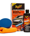 Quik Eraser Kit Car Scratch Remover with ScratchX, drill pad, and microfiber towel, 4 count DIY car care kit displayed.