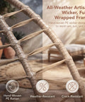Close-up of Double Swing Egg Chair With Stand for Two People Indoor Outdoor Oversized Wicker Loveseat showing weather-resistant wicker.