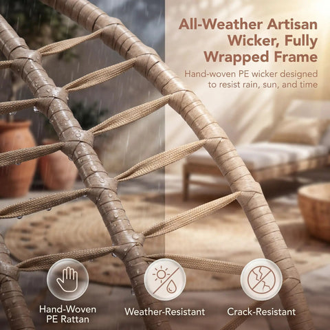 Close-up of Double Swing Egg Chair With Stand for Two People Indoor Outdoor Oversized Wicker Loveseat showing weather-resistant wicker.