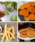Crinkle veggie cutter; stainless steel waffle fry cutter shown making cucumber slices, radish rounds, potato fries