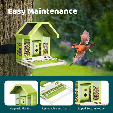 Smart Bird Feeder With Camera For Outdoors All Metal Durability Solar Powered Auto Identify And Record Video Instant Alerts Live Bird Watching The Perfect Gift For Backyard Birders, featuring magnetic flip top and sloped bottom hopper design.
