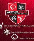 WeatherGuard Rust Protection logo on a red shield with water droplets, emphasizing superior rust protection for outdoor hardware.