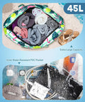 Extra Large Waterproof Beach Bag with Zipper and Wet Compartment showing folded towels and water-resistant pocket