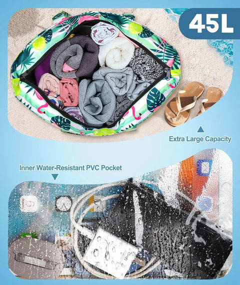Extra Large Waterproof Beach Bag with Zipper and Wet Compartment showing folded towels and water-resistant pocket