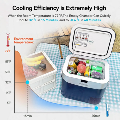 Go To Portable Car Refrigerator And Travel Cooler, 23 Quart (22 Liter) Compressor Freezer, open on picnic blanket with food inside