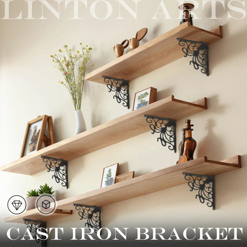 Badass Octopus Cast Iron Shelf Brackets 2 Pack, 5.18 Inch decorative L brackets supporting wooden shelves with decor.