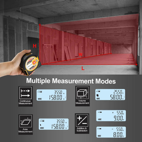 2 In 1 Laser Tape Measure With Auto Lock Magnetic Hook, 135 Ft Laser Range And 16 Ft Manual Tape, Pythagorean Area And Volume Calculations, Ft And In Plus Metric Units, Non Digital Handy Measuring Tool For Quick Precise Measurements in concrete room