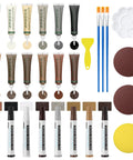 Professional Wood Furniture Repair Kit With Twelve Shade Fillers And Eight Touch Up Markers includes repair paste tubes, brushes, and tools.