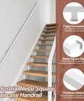 Six Foot White Square Tube Handrail With Super Grip Joints For Indoor Stairs And Wall Mounted Rails Featuring Heavy Duty Steel Build And Quick Diy Setup For Total Home Safety Plus Slick Clean Finish That Slides In Snug on interior staircase.