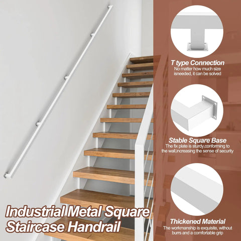Six Foot White Square Tube Handrail With Super Grip Joints For Indoor Stairs And Wall Mounted Rails Featuring Heavy Duty Steel Build And Quick Diy Setup For Total Home Safety Plus Slick Clean Finish That Slides In Snug on interior staircase.