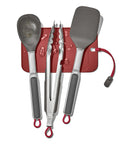 Outdoor Camp Stove Cooking Set with Silicone Utensil Rest, Turner, Spoon, and 10.5 Inch Stainless Steel Tongs on red mat