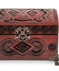Wooden jewelry box with intricate carvings and one visible Eight-Piece Zinc Alloy Antique Box Feet For Jewelry Boxes And Vintage Furniture.
