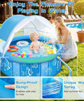 Foldable 47 Inch Kiddie Pool With Sprinkler Canopy and Sun Shade, toddler playing with toys in outdoor pool, backyard setting