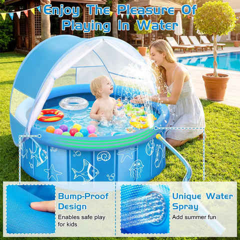 Foldable 47 Inch Kiddie Pool With Sprinkler Canopy and Sun Shade, toddler playing with toys in outdoor pool, backyard setting