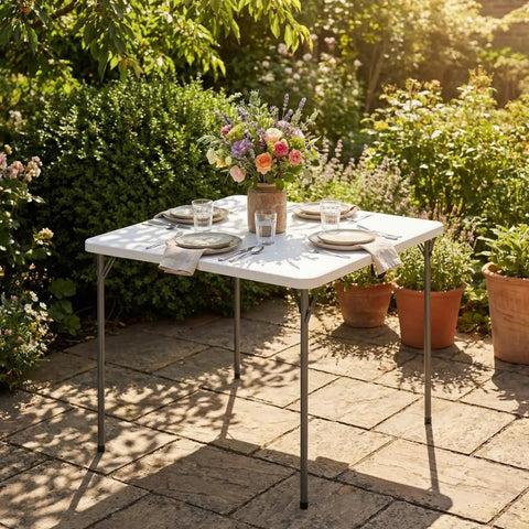 34 Inch Square Folding Table For Four With 330 Lbs Capacity Built Tough HDPE Top And Heavy Duty Steel Legs set for outdoor dining