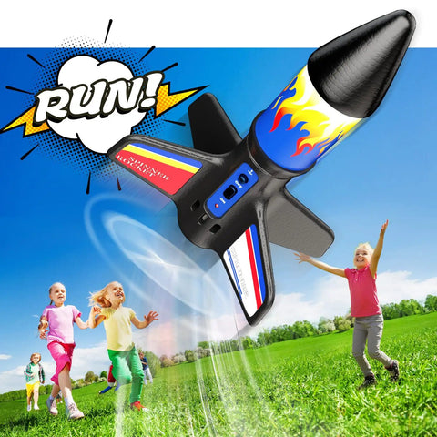 Electric Flying Model Rocket Kit For Kids With Launcher And Parachute Recovery System, USB Charging Cable Included, flying in backyard