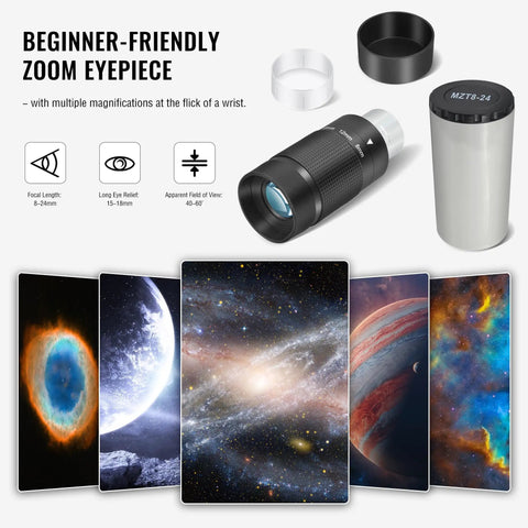 Stepless Zoom 1.25 Inch Telescope Eyepiece 8 to 24mm No Fuss All In One With 7 Element 4 Group Multi Coated Optics, space images