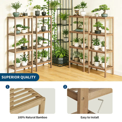 Slick Four Tier Bamboo Shelf Freestanding Bathroom Storage Rack Corner Organizer Tight Squeeze Space Saver Vertical Display For Toiletries And Essentials That Actually Knocks Out Clutter In Small Apartments And Keeps Your Space Looking Sharp showcasing plants on a wooden rack.